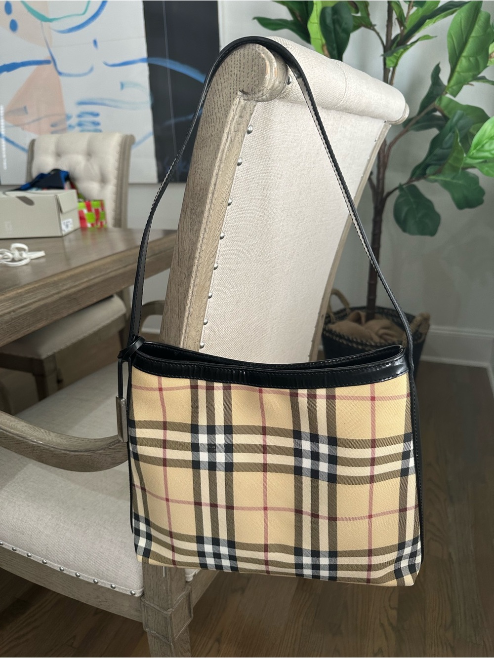 Vintage Burberry Beige Plaid Shoulder Bag with Black Trim